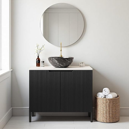 30" Bathroom Vanity with Sink, Small Bathroom Storage Cabinet with Durable Bowl Shaped Ceramic Basin and Sintered Stone Countertop and Soft Closing Doors, Freestanding Vanities, Black