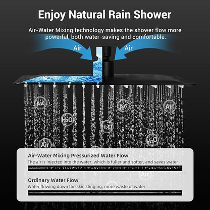 Thermostatic Dual Shower System with Wall Mount 12-Inch Rainfall Shower & 6-Inch Shower Head, Matte Black Bathroom Dual Shower Heads Faucet Set with High Pressure Handheld Sprayer