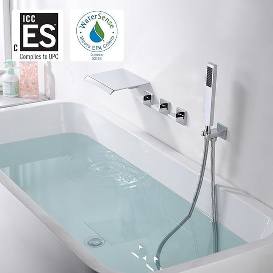 sumerain Waterfall Tub Faucet Wall Mount Bathtub Faucet with Hand Shower Chrome Finish, High Flow Rate