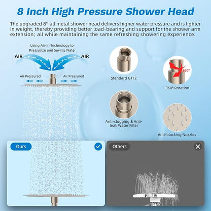 Hibbent High Pressue All Metal 8" Rainfall Shower Head, Handheld 10-Spray | cUPC Certified Brushed Nickel Dual Showerhead Combo, 4-way Diverter with Pause Mode, Brass Extension Arm, 71'' Hose & Holder