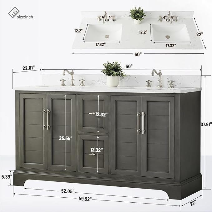 HOMEBEYOND 60 Inch Bathroom Vanity with Double Sink & Ceramic Top, Vanity Cabinet with Center Countertop Basin, Soft-Closing Doors, Backsplash,Sliver Grey