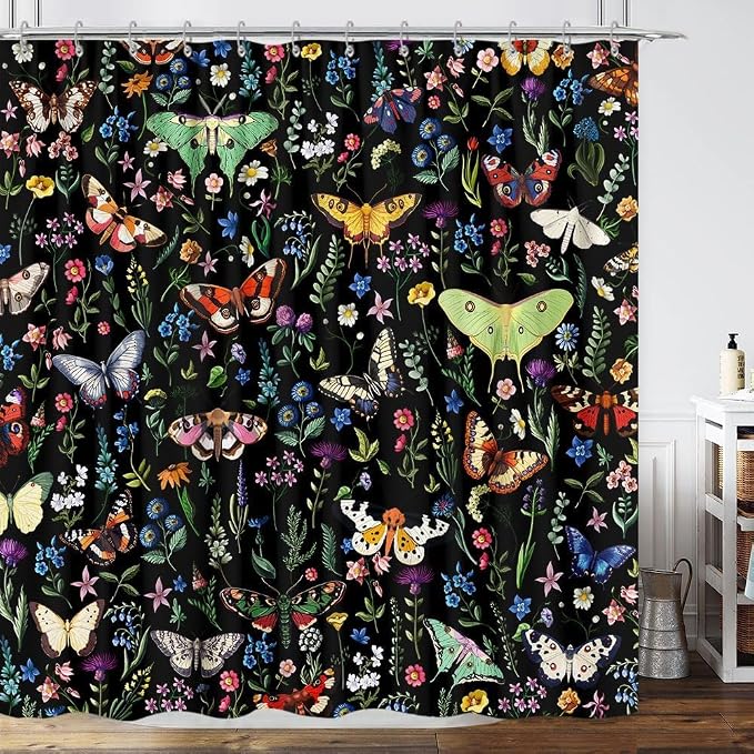 Boho Butterfly Floral Shower Curtain, Bright Abstract Bohemian Plant Flower Botanical Moth Shower Curtains, Black Modern Aesthetic Chic Fabric Shower Curtain Bathroom Accessories 12 Pack Hooks, 60X72