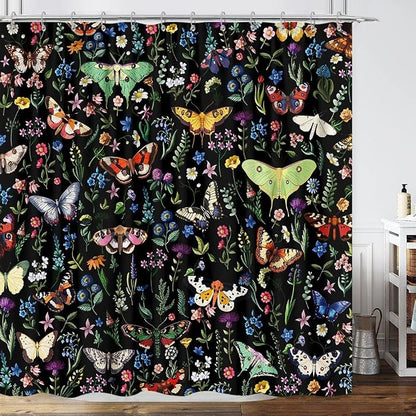 Boho Butterfly Floral Shower Curtain, Bright Abstract Bohemian Plant Flower Botanical Moth Shower Curtains, Black Modern Aesthetic Chic Fabric Shower Curtain Bathroom Accessories 12 Pack Hooks, 60X72