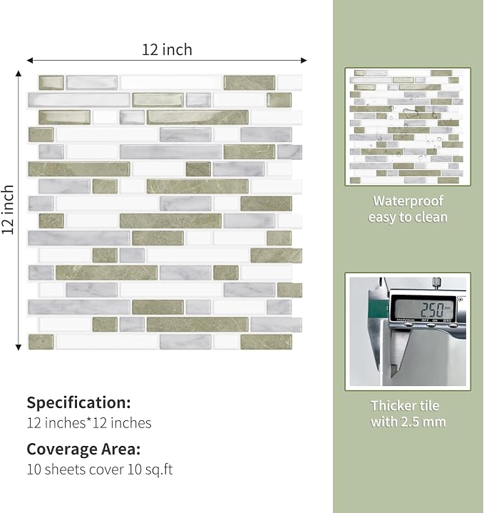 10 Sheets Thick Peel and Stick Kitchen Backsplash Tiles | 3D Waterproof Self Adhesive Wall Tile Stick on Backsplash for Kitchen,Bathroom and Fireplace(Beige&White,12"×12")