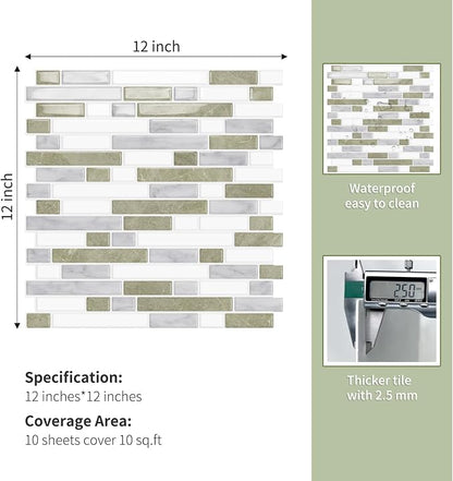 10 Sheets Thick Peel and Stick Kitchen Backsplash Tiles | 3D Waterproof Self Adhesive Wall Tile Stick on Backsplash for Kitchen,Bathroom and Fireplace(Beige&White,12"×12")