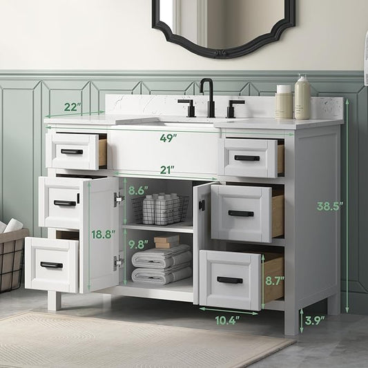 48 Inch White Bathroom Vanity with Sink, Farmhouse Bathroom Vanities Cabinet with Soft Closing Doors & Dovetail Drawers, Vanity for Bathroom with Apron Farm Sink, Solid Wooden Frame