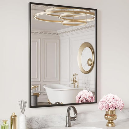 LOAAO 24"X32" Black Rectangle Bathroom Mirror Wall, Matte Black Aluminum Alloy Frame, Tempered Glass, Hangs Vertically or Horizontally, Easy to Install