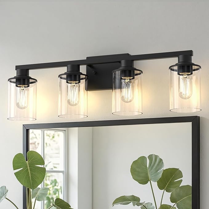 DORESshop 4-Light Black Bathroom Light Fixture Over Mirror ETL Listed | Modern Vanity Lights With Clear Glass Shade, Bathroom Wall Light, Wall Sconce for Hallway Bedroom Living Room, ETL Listed