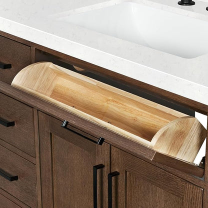 ARIEL Hepburn 60-inch Bathroom Vanity with Sink,Solid Wood, 1.5-inch Carrara White Quartz Countertop, Single Rectangular Porcelain Sink, 2 Soft Closing Doors, 9 Dovetail Drawers, Brown Oak