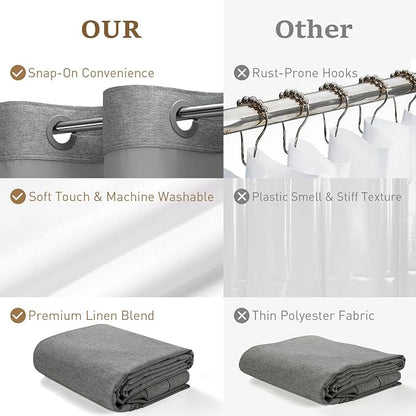 72x81 Ringless Linen Look Shower Curtain with Snap Liner Charcoal Grey | Tall Size, 3 in 1 Shower Curtain Set, Removable Liner, Waterproof & Washable, Mesh Top Window, Durable Fabric, Easy Setup