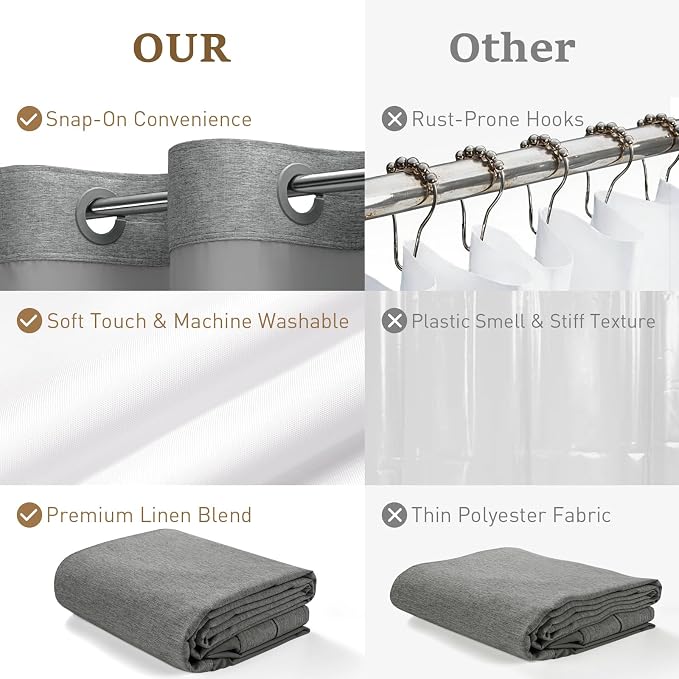 72x87 Ringless Linen Look Shower Curtain with Snap Liner Charcoal Grey | Extra Long Size, 3 in 1 Durable Fabric Shower Curtain, Removable Liner, Waterproof & Washable, Mesh Top Window, Easy Setup