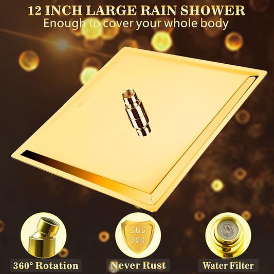 Voolan Rain Shower Head - High Flow Large Rainfall Shower Heads Made of Stainless Steel - Waterfall Bathroom Square Showerhead - Ceiling or Wall Mount (12" Gold)