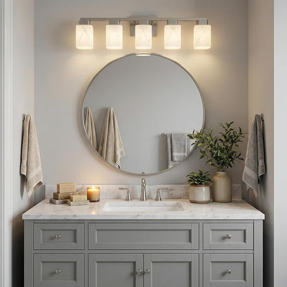 5-Light Square Bathroom Light Fixture, Brushed Nickel Modern Vanity Light with White Marble Glass Shade, for Bathroom Mirror, Living Room, Bedroom, Hallway, E26 Base