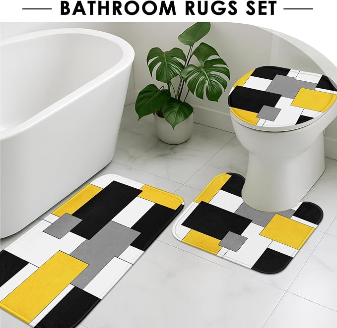 Bathroom Sets with Shower Curtain and Rugs 4 Pcs, Geometric Yellow | Checkered Abstract Modern Art Bathroom Decor Set with Toilet Lid Cover, Non-Slip Bath Mats and Accessories 12 Hooks