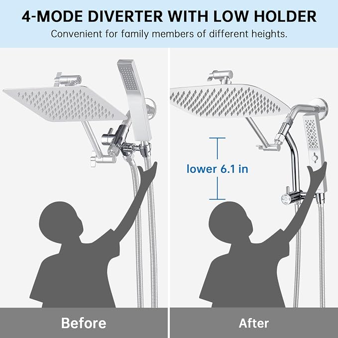 G-Promise 12 Inch All Metal Rain Shower Head with Handheld Spray (Chrome) | Suits Every Height, Pause Mode Diverter, Massage Mode Handheld, Full Body Coverage, Easy to Install, Modern Bath Upgrade