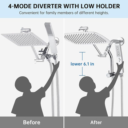 G-Promise 12 Inch All Metal Rain Shower Head with Handheld Spray (Chrome) | Suits Every Height, Pause Mode Diverter, Massage Mode Handheld, Full Body Coverage, Easy to Install, Modern Bath Upgrade