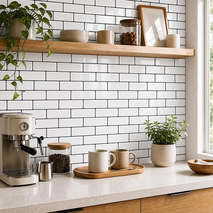 Peel and Stick Backsplash for Kitchen, 3D Subway Thicker 10 Tiles | 12''x12'' Self Adhesive Back Splash for Kitchen, Bathroom, White With Black Grout