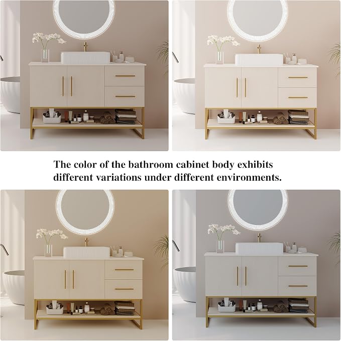 KEIKI 47" Bathroom Vanity with Sink, Modern Freestanding Vanity Cabinet with Ceramic Vessel Sink, Oak Wood Finish, Soft Closing Doors & Drawers, Gold Accent Base, White