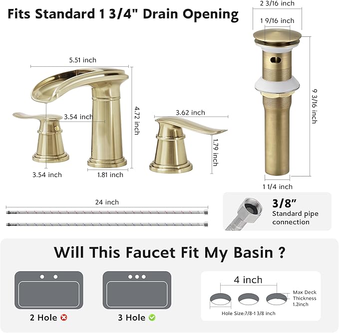 BWE Waterfall Bathroom Faucet, Brushed Gold 8 Inch Widespread Bathroom Sink Faucet Two-Handle with Pop-up Drain, for Vanity, Lavatory Sink
