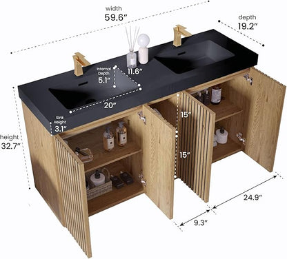60" Double Bathroom Vanity with Sink Combo, Mid Century Modern Bathroom Cabinet with Doors & Shelves, Matte Black Integrated Sink with Overflow, Light Oak