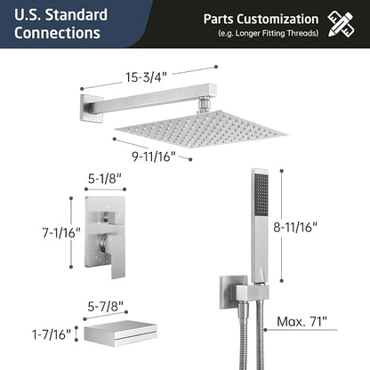 KES Bathtub Shower Faucet Set with Waterfall Tub Spout Shower System 3-Function Shower Faucets Sets Complete with 10 Inch Rain Shower Head, XB6305F18-BN