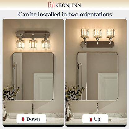 Keonjinn 4-Light Chrome Bathroom Light Fixtures Over Mirror, Crystal | Vanity Lighting Fixture with Crystal Square Shades, Dimmable, Modern Style, Compatible with E26 Base LED Bulbs (Exclude Bulb)