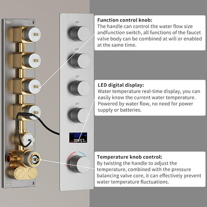 16X26 inch Rainfall Shower System Brushed Nickel Shower Faucet Set | Temperature Display Shower Faucet with 6 Body Jet, 8 inch Wall Mounted Shower Head and Handheld Set
