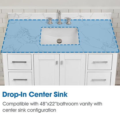 48 Inch Engineered Stone Bathroom Vanity Sink Top, with Undermount Rectangular Middle Sink, Vanity Countertop with 8 inch Faucet Hole Spacing and Backsplash in Lightning White