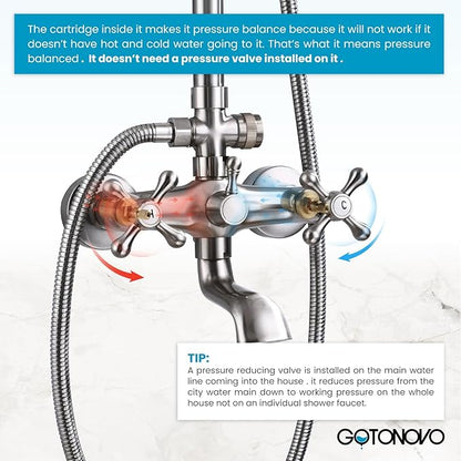 gotonovo Bathroom Exposed Shower Faucet Outdoor Shower System 8 Inch Rainfall Shower Head Set with Tub Spout and Handheld Spray Double Cross Handles Wall Mount without Shower Shelf Brushed Nickel