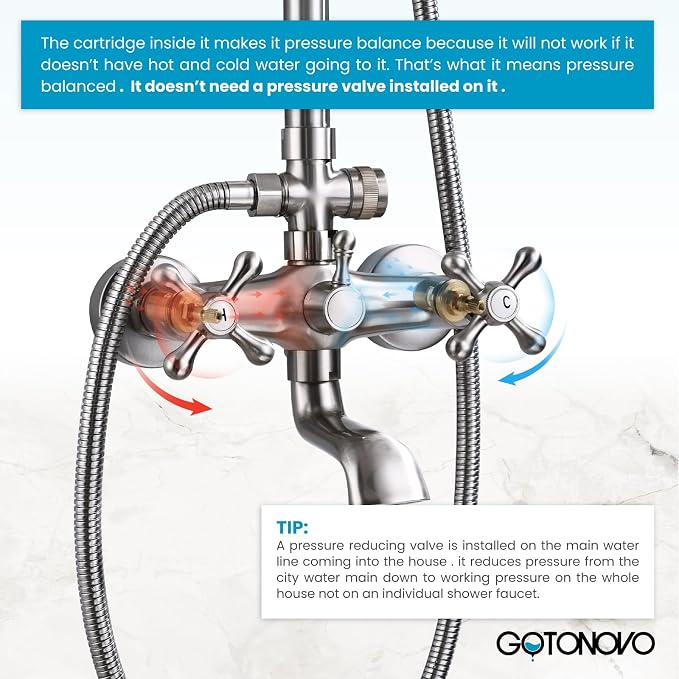 gotonovo Exposed Bathroom Shower System Two Cross Handle Brushed Nickel | Vintage Brass Tub Shower Faucet Set,8’’ Rain Head with Handheld Spray,Swivel Tub Spout,6’’ Hole Distance,Adjustable Height
