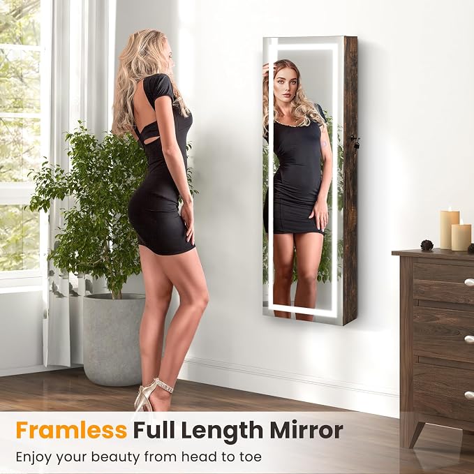 GOFLAME LED Mirror Jewelry Cabinet 42.5”, Wall/Door Mounted Full Length Mirror with Storage, 3-Color Lights, Interior Makeup Mirror, Jewelry Storage Organizer, Lockable Jewelry Armoire, Rustic Brown