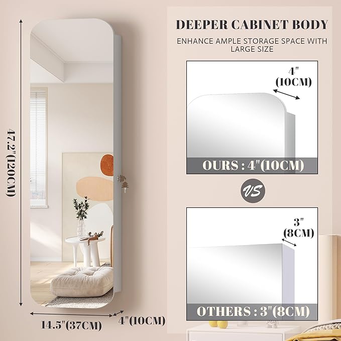 Vlsrka 47.2" Wall/Door Mounted Jewelry Cabinet Organizer Armoire W/Mirror | 6 LEDs, Over The Door Hanging Jewelry Organizer with Rounded Corner Mirror, Lockable Full Length Mirror with Storage,White