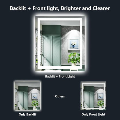 20x28 LED Bathroom Mirror with Lights, Lighted Vanity Mirror | Backlit and Front Light, Anti-Fog, 3 Color Dimmable, Memory, Tempered Glass, IP54 Waterproof, UL Listed