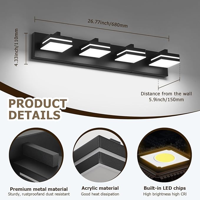 Joossnwell Bathroom Vanity Light (4-Light, 26.77-Inch) Black Bathroom Light Fixtures Over Mirror Led Modern Vanity Lighting Bath Lights (Cool White 5500K)