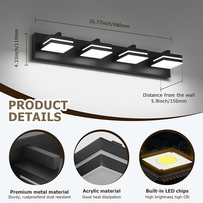 Joossnwell Bathroom Vanity Light (4-Light, 26.77-Inch) Black Bathroom Light Fixtures Over Mirror Led Modern Vanity Lighting Bath Lights (Cool White 5500K)