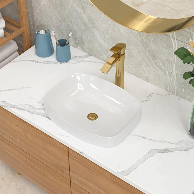 Lordear Vessel Sink Bathroom Semi Recessed Sinks 20 x 15 Inch Oval White Ceramic Vessel Sinks Modern Vanity Sink Bath Wash Bowl Above Counter Basin