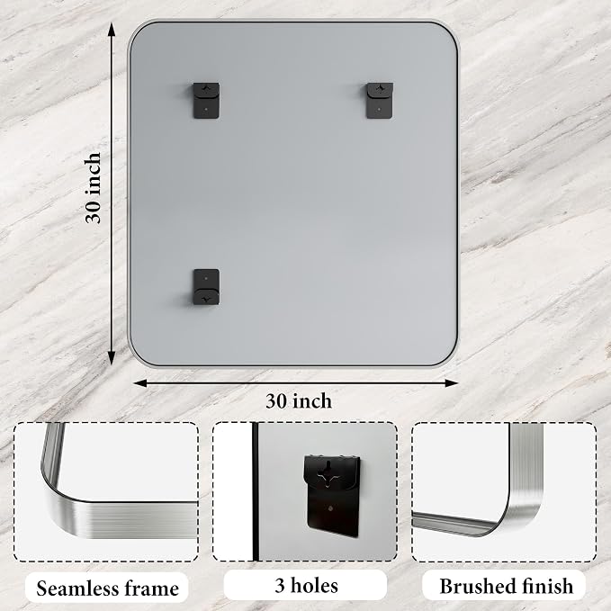 Bathroom Mirror for Wall, 30 Inch Square Mirror, Matte Silver Metal Framed Square Vanity Mirror for Bathroom Bedroom Living Room Entryway, Anti-Rust, Tempered Glass, Hanging or Leaning