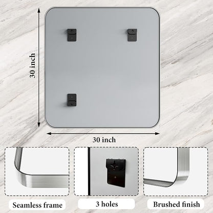 Bathroom Mirror for Wall, 30 Inch Square Mirror, Matte Silver Metal Framed Square Vanity Mirror for Bathroom Bedroom Living Room Entryway, Anti-Rust, Tempered Glass, Hanging or Leaning