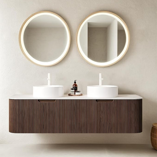 60" Floating Bathroom Vanity with Sink, Wall-Mount Cabinet with 2 White Round Ceramic Basins and Marble Top, 2 Large Storage Drawer, Soft-Close Design, Dark Walnut