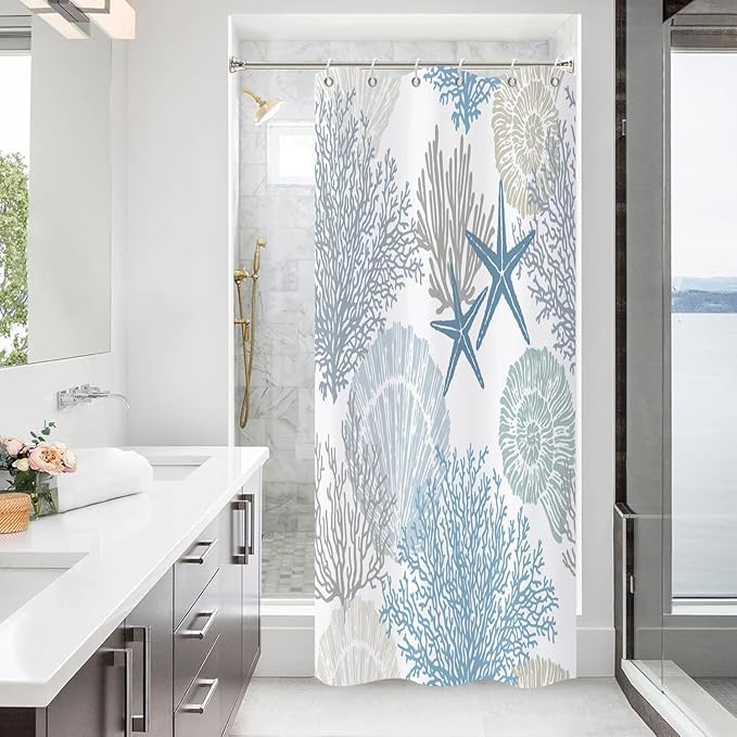 Nautical Coastal Shower Curtain, Blue Ocean Beach Seashell Starfish Themed Bathroom Curtain Waterproof Fabric Machine Washable with Hooks, 48" Wx72 L