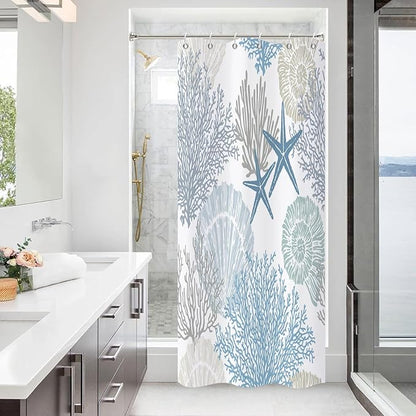 Nautical Coastal Shower Curtain, Blue Ocean Beach Seashell Starfish Themed Bathroom Curtain Waterproof Fabric Machine Washable with Hooks, 48" Wx72 L