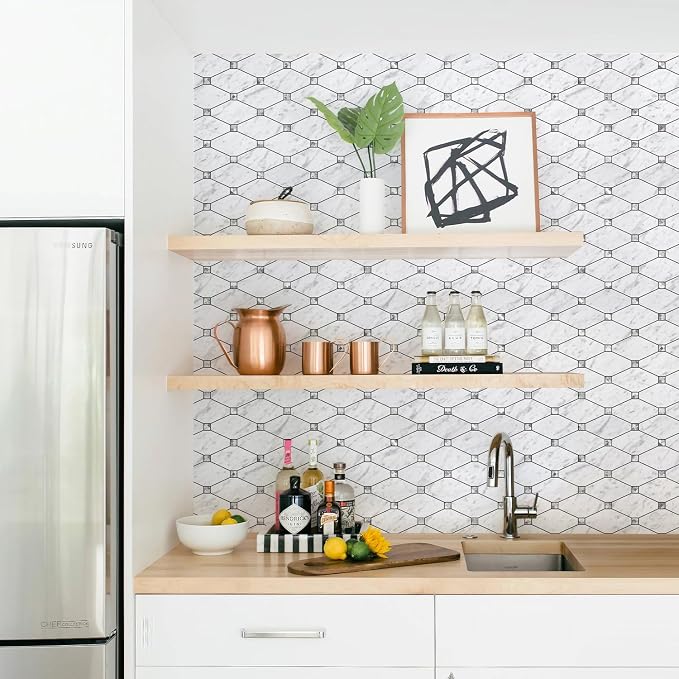 STICKGOO 10 Sheets Peel and Stick Backsplash, Carrara White | Stick on Mosaic Tiles for Kitchen Wall Decor, Long-Lasting, PVC Mixed Glass, Ideal for Vanities, Bathrooms