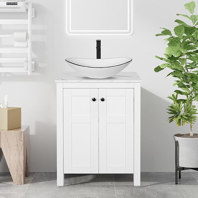 24 Inch White Bathroom Vanity with Marble Texture Top, Traditional Standing Pedestal Cabinet with White Boat Ceramic Sink