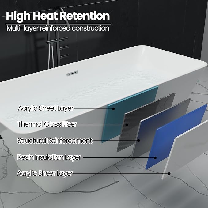 Freestanding Bathtub 67 inch, Acrylic Stand Alone Tub with Chrome Drain and Overflow, Extra Large Freestanding Bathtub, Modern Free Standing Tub for Bathroom