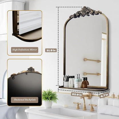 deerlove Traditional Arched Mirror with Shelf, 20.9x31.5 Inch, Antique Gold | Ornate Arched Design, Bronze Frame, Baroque Wall Mirror Shelf, For Bathroom, Bedroom, Entryway, Dining Room, Living Room