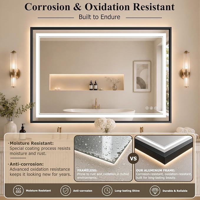 36"x48" LED Bathroom Mirror with Lights, Backlit + Front Lit, Anti-Fog | Lighted Bathroom Mirror with One-Piece Aluminum Alloy Frame, HD Shatterproof Tempered Glass, Dimmable, Memory Function