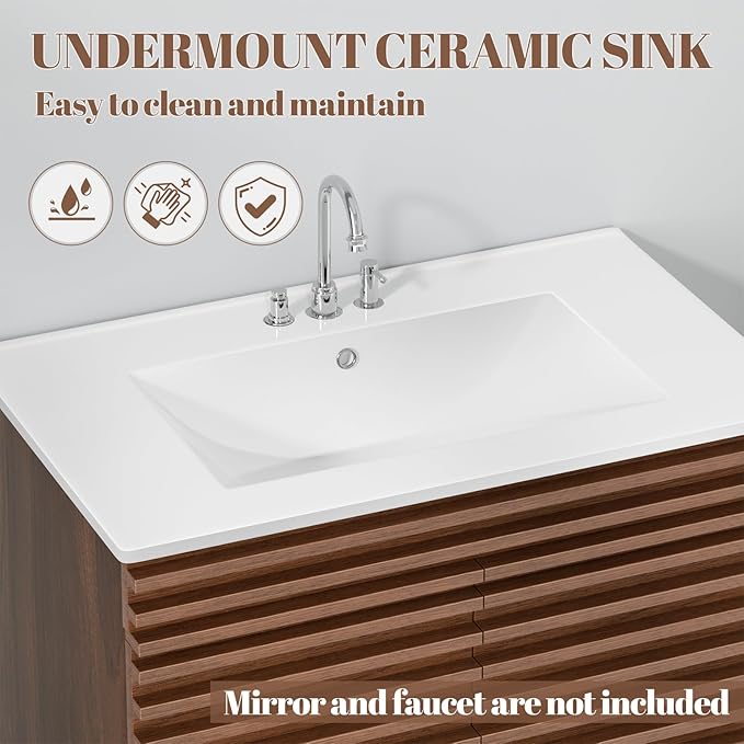 ROOMTEC 48" Bathroom Vanity with Ceramic Sink Combo, Mid-Century Wall Mounted Floating Vanity Cabinet with 2 Closing Doors, Wood Grain Texture, Walnut
