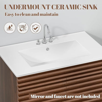 ROOMTEC 48" Bathroom Vanity with Ceramic Sink Combo, Mid-Century Wall Mounted Floating Vanity Cabinet with 2 Closing Doors, Wood Grain Texture, Walnut