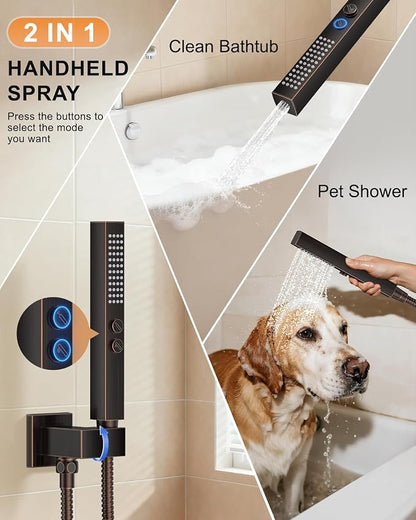 Oil Rubbed Bronze Shower System with Tub Spout, Wall Mounted Bathtub Faucet Set, 12" Rainfall Shower Head and Handheld Shower Combo, High Pressure Shower Fixtures Set with Rough-in Valve