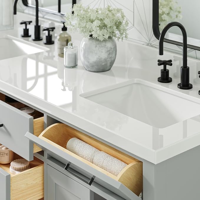 Isabella 66" Grey Double Bathroom Vanity, 1.5" Pure White Quartz Countertop, Rectangular Undermount Sinks, 4 Soft Closing Doors, 6 Dovetail Drawers